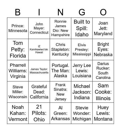 One artist from every state music bingo Card