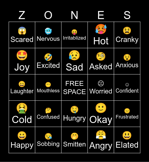 Zones of Regulation Bingo Card