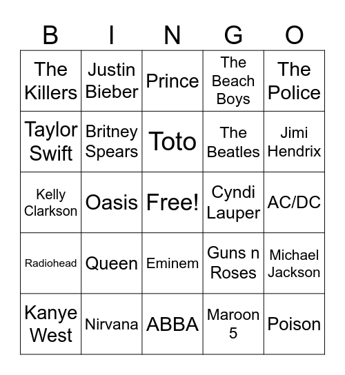 Music Artist Bingo Card