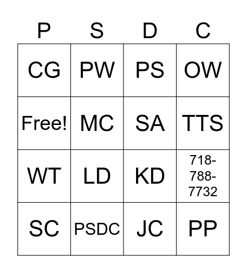 PSDC LINGO Bingo Card