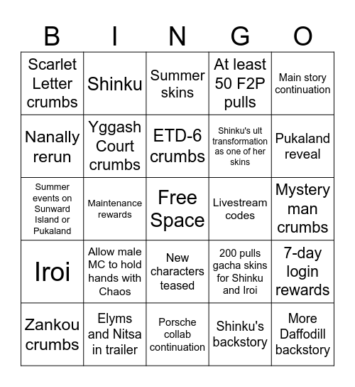 NTE 1.2 Livestream Bingo Card