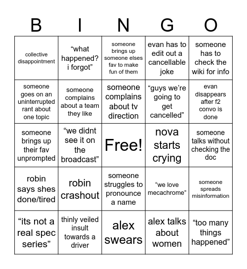 TGPP episode bingo Card