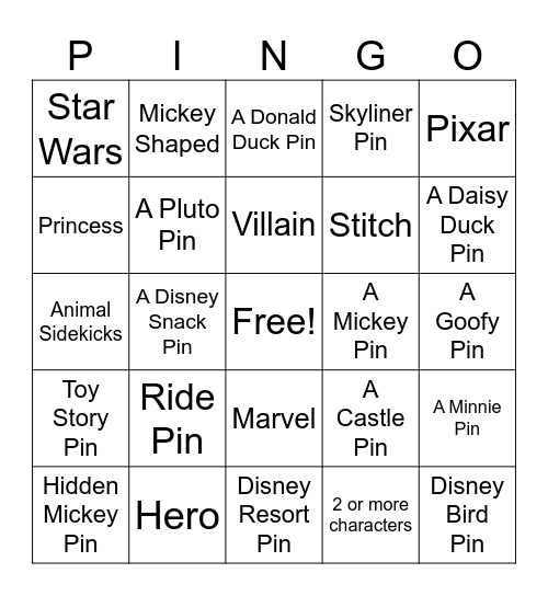 Disney Bingo Card