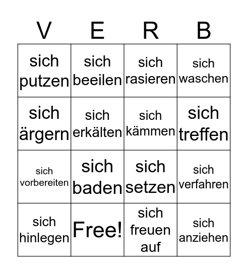 Reflexive Verben Bingo Card
