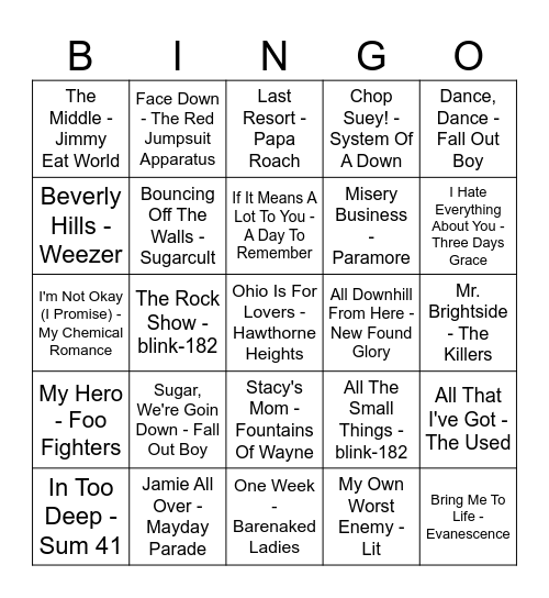 Emo Music Bingo 🖤 Bingo Card