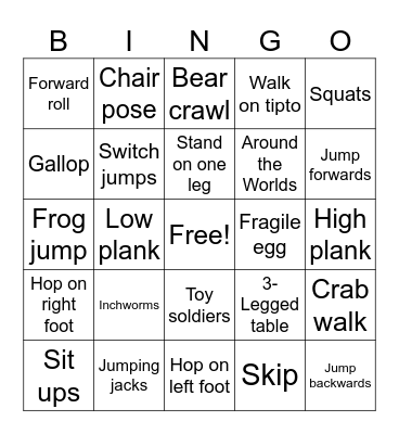 Gross Motor Bingo Card