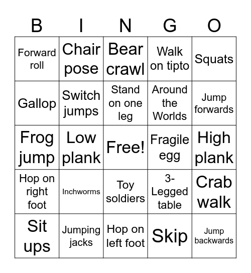 Gross Motor Bingo Card