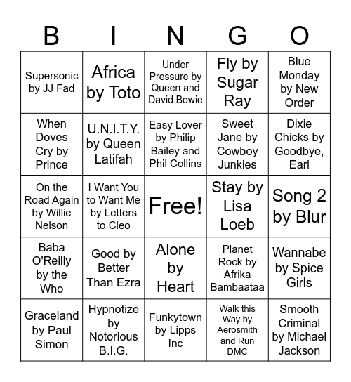 80s/90s Bingo Card
