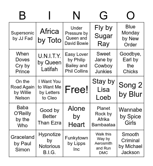 80s/90s Bingo Card