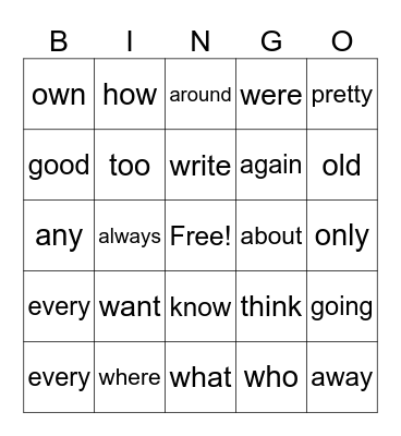 Heart Word BINGO Card