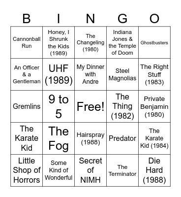 80's Movie Bingo! Bingo Card