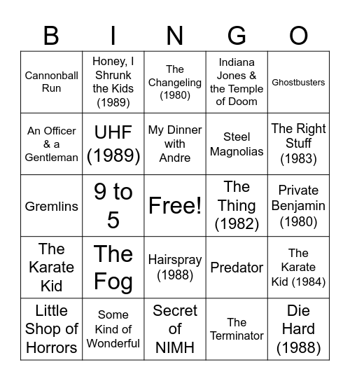 80's Movie Bingo! Bingo Card