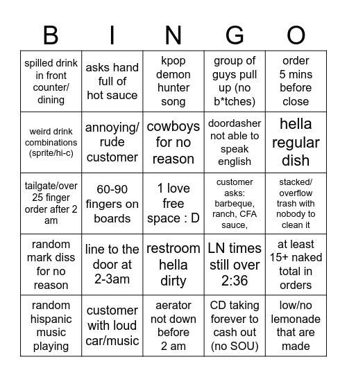 Raising Canes LN Bingo 1 Bingo Card