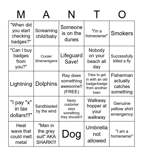 Mantoloking Beach Bingo 2026 Bingo Card
