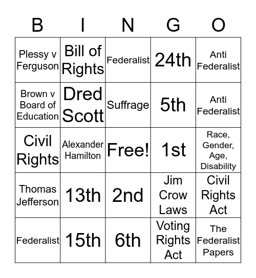 The Constitution and Civil Rights Bingo Card