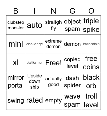 geometry dash Bingo Card