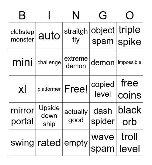 geometry dash Bingo Card