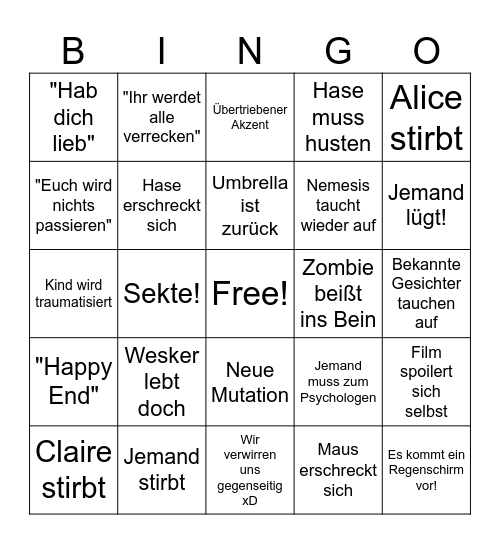 Schatzis Vorhersagen zu Resident Evil Bingo Card