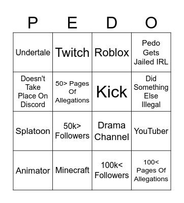 Pedo Bingo (2026) Bingo Card