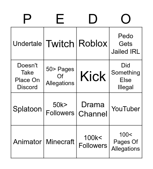 Pedo Bingo (2026) Bingo Card
