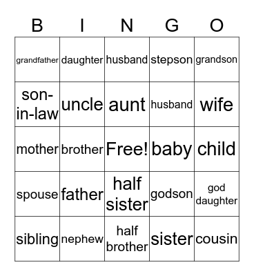 Family Members Bingo Card