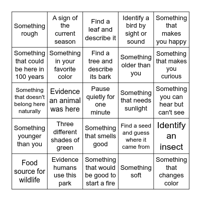 Interpretive Scavenger Hunt Bingo Card