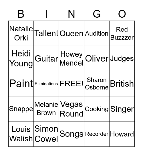 America's Got Tallent Bingo Card