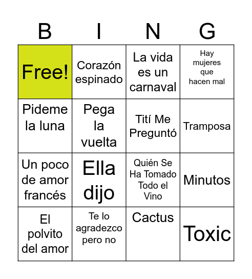 Bingo Musical Bingo Card