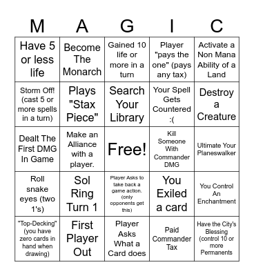 MTG Commander Night Bingo Card