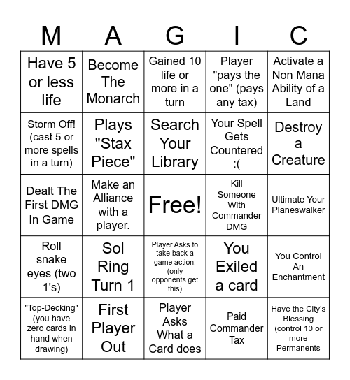 MTG Commander Night Bingo Card