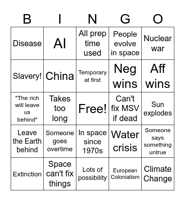 Space Colonization LD Debate Bingo Card