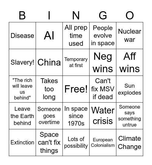 Space Colonization LD Debate Bingo Card