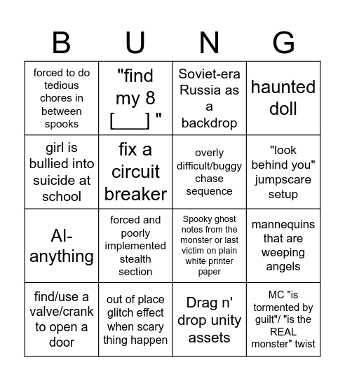 Horror Sloppa Bungo Bingo Card