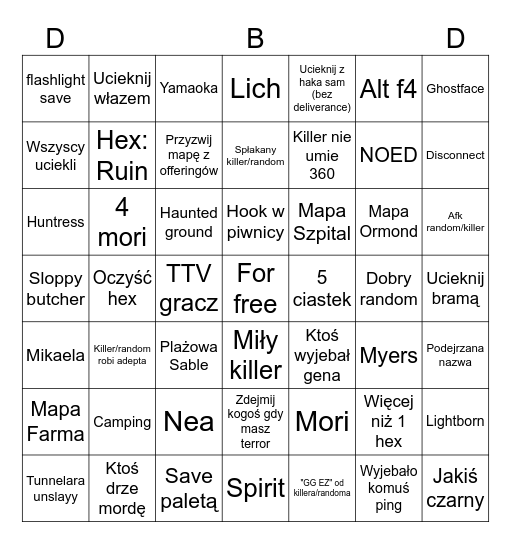 DBD BINGO SLAYY Bingo Card
