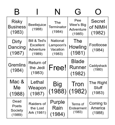 80's Movie Bingo! Bingo Card
