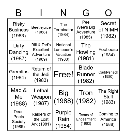 80's Movie Bingo! Bingo Card