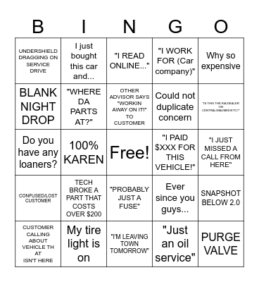 SERVICE ADVISOR Bingo Card