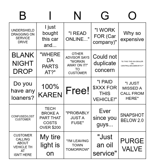 SERVICE ADVISOR Bingo Card