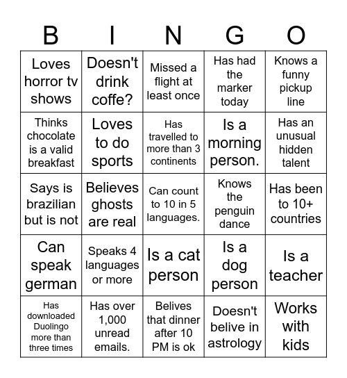 Erasmus bingo Card