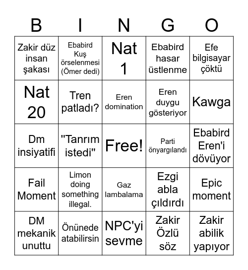 Train Of Degenerates Bingo Card