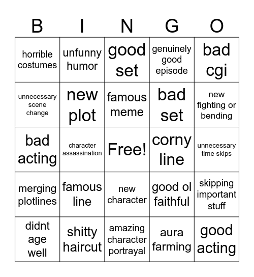 avatar Bingo Card
