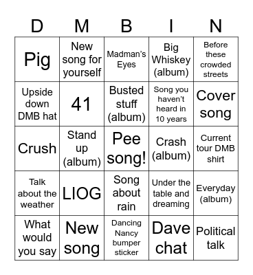 DMB 6/26 Indy Bingo Card