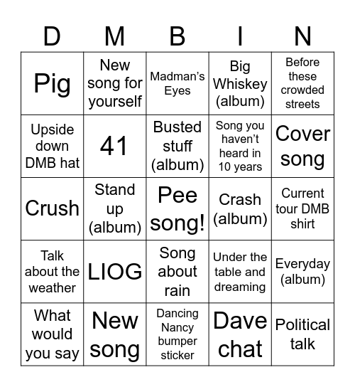 DMB 6/26 Indy Bingo Card