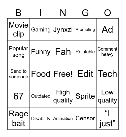 TikTok bingo Card
