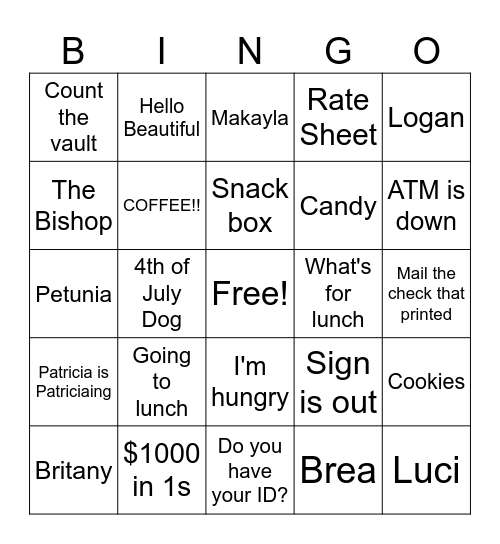 Tuesday Bingo Card
