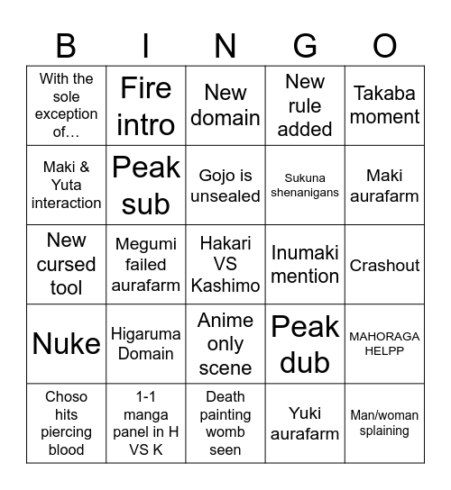 Jjk season 4 Bingo Card