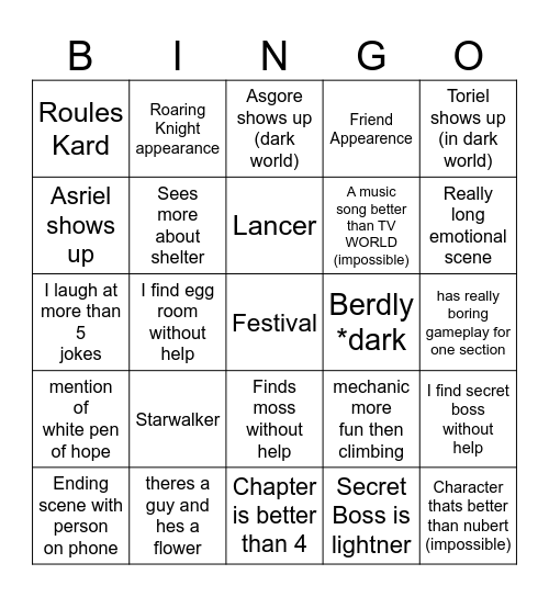 Deltarune Bingo Card