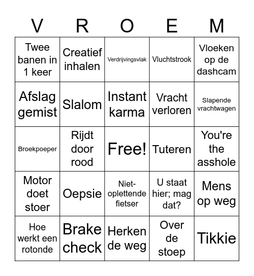 Dashcam Bingo Card
