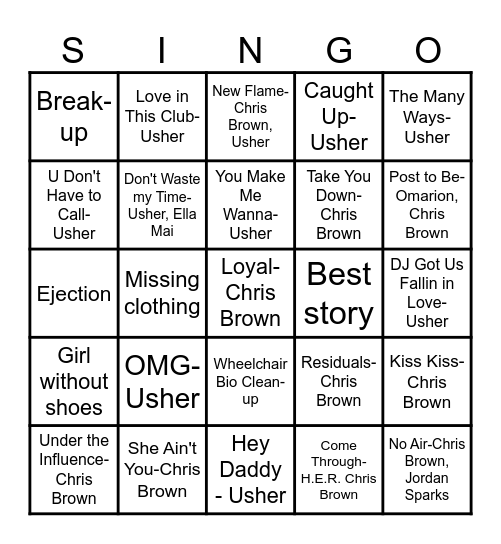 Usher Vs Chris Brown Bingo Card