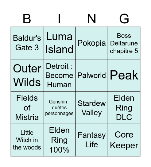 Jeux à finir Bingo Card